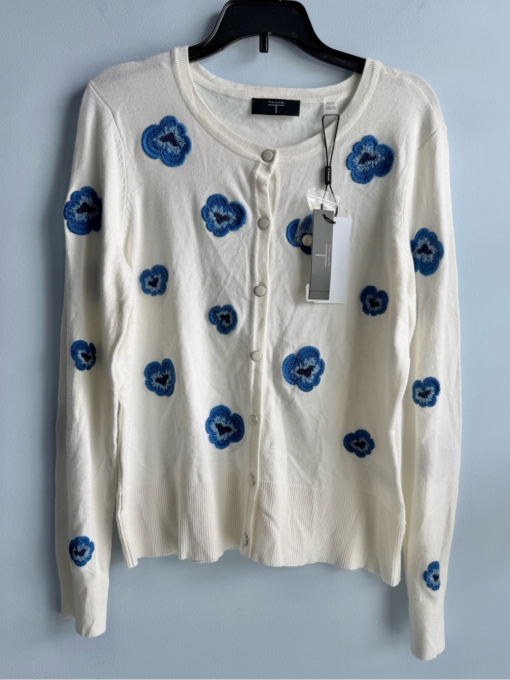T Tahari Women's White Star Floral-Embroidered Button-Front Cardigan Size XS
